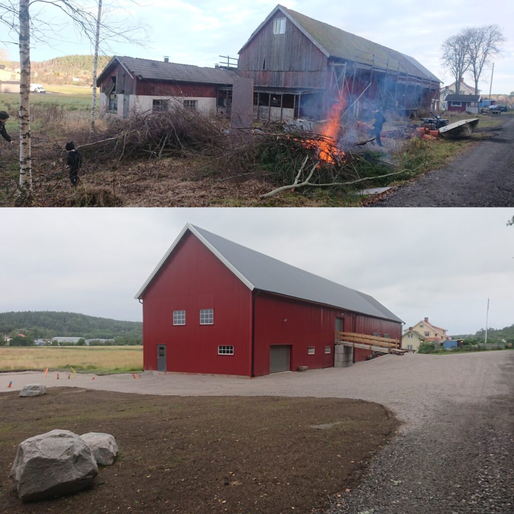 Före- och efterbild på ladugård renoverad med ny väggplåt från Plåtvision i Färgelanda.